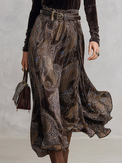 Vintage-style Dark Drown Long-sleeve T-shirt and Paisley Print Velvet Skirt Set