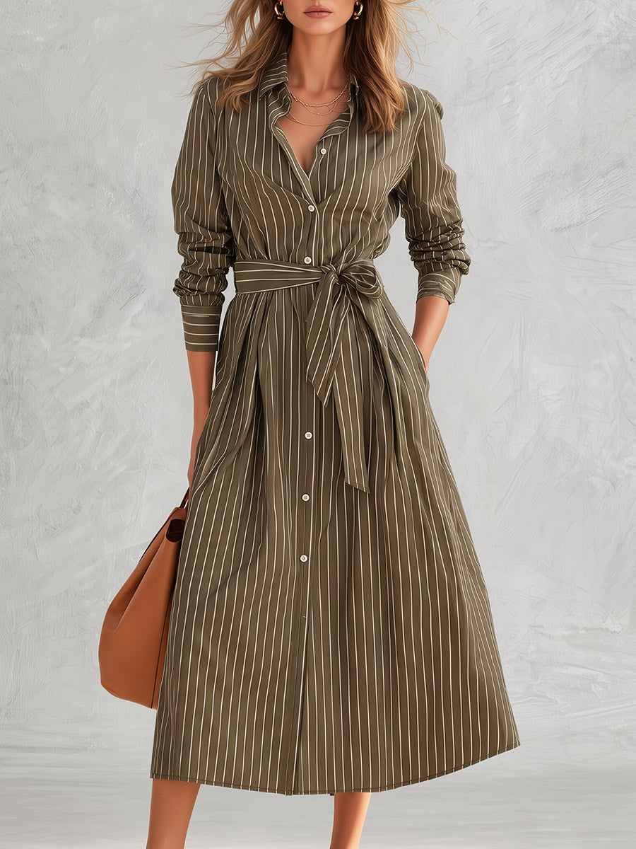 Olive Green Pinstripe Long Sleeve Button-Front Belted Midi Dress