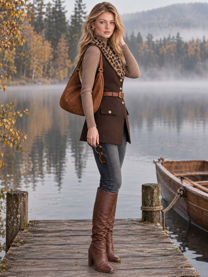 Stylish Retro Belted Leopard Print Faux Fur Collar Brown Wool Blend Vest