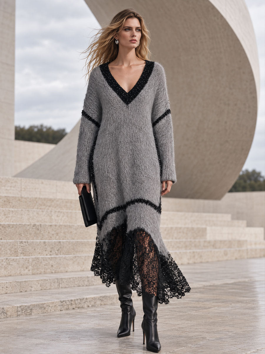 Loose-fitting V-neck Shimmering Lace Grey Mohair Knit Midi Dress