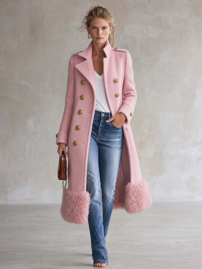 Elegant Military Double-Breasted Pink Wool Blend Faux Fur Hem Long Coat