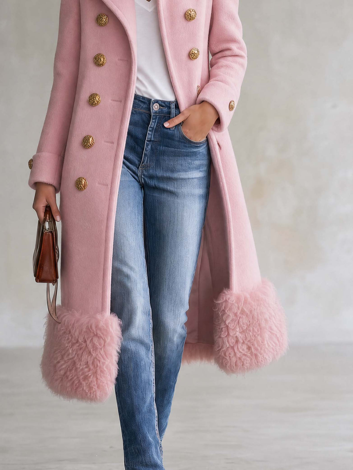 Elegant Military Double-Breasted Pink Wool Blend Faux Fur Hem Long Coat
