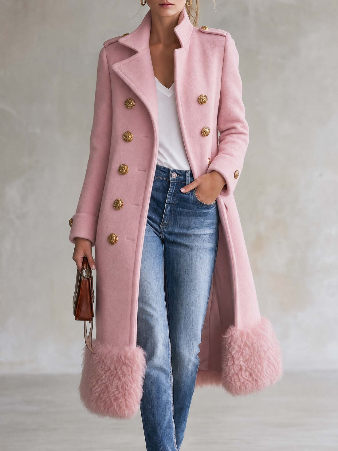 Elegant Military Double-Breasted Pink Wool Blend Faux Fur Hem Long Coat