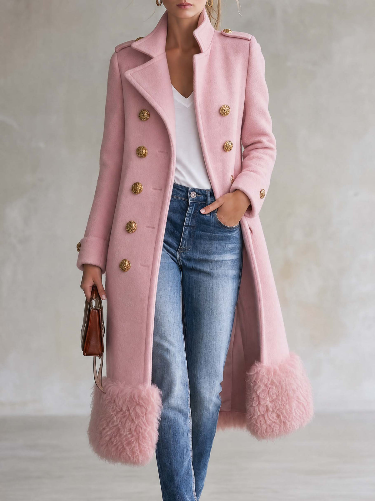 Elegant Military Double-Breasted Pink Wool Blend Faux Fur Hem Long Coat