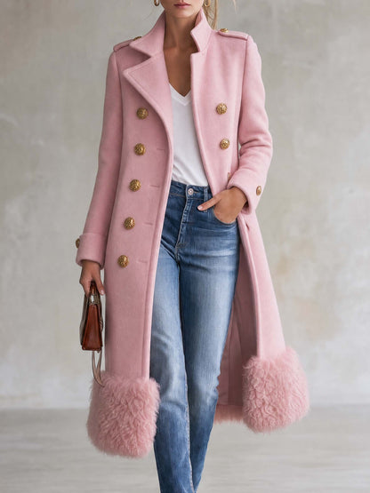 Elegant Military Double-Breasted Pink Wool Blend Faux Fur Hem Long Coat