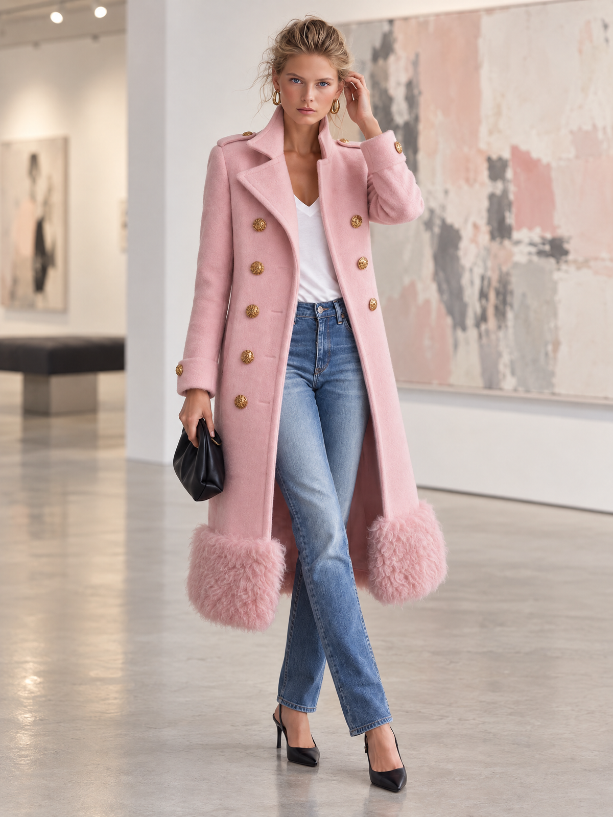 Elegant Military Double-Breasted Pink Wool Blend Faux Fur Hem Long Coat