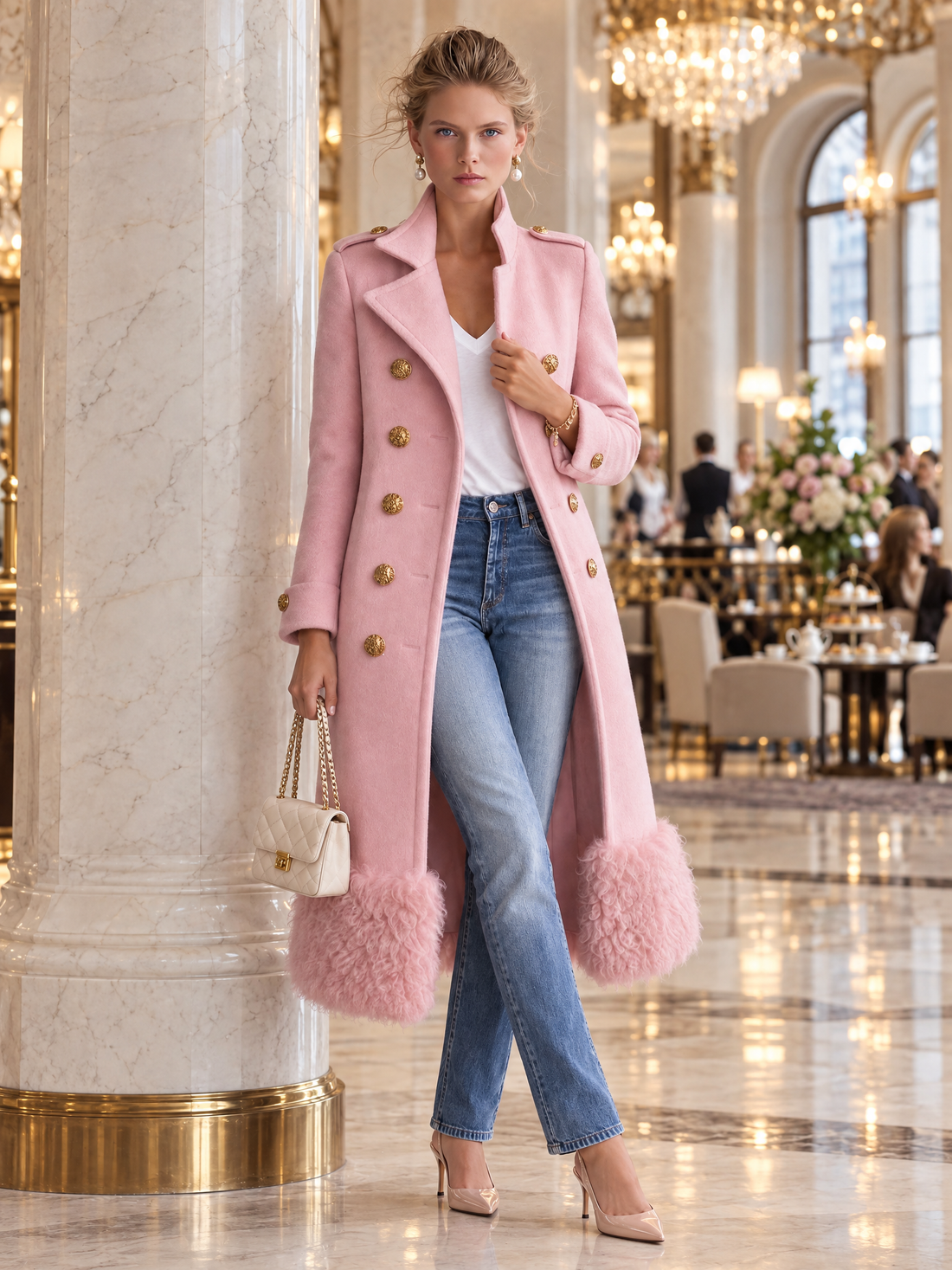 Elegant Military Double-Breasted Pink Wool Blend Faux Fur Hem Long Coat