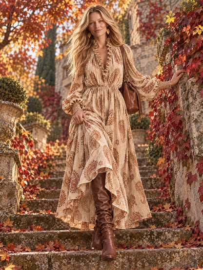 Stylish Retro Brown Ruffled V-Neck Paisley Velvet Print Maxi Dress