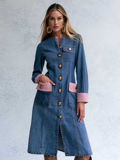 Elegant Vintage Tweed Trim Gold Button Front Denim Midi Dress