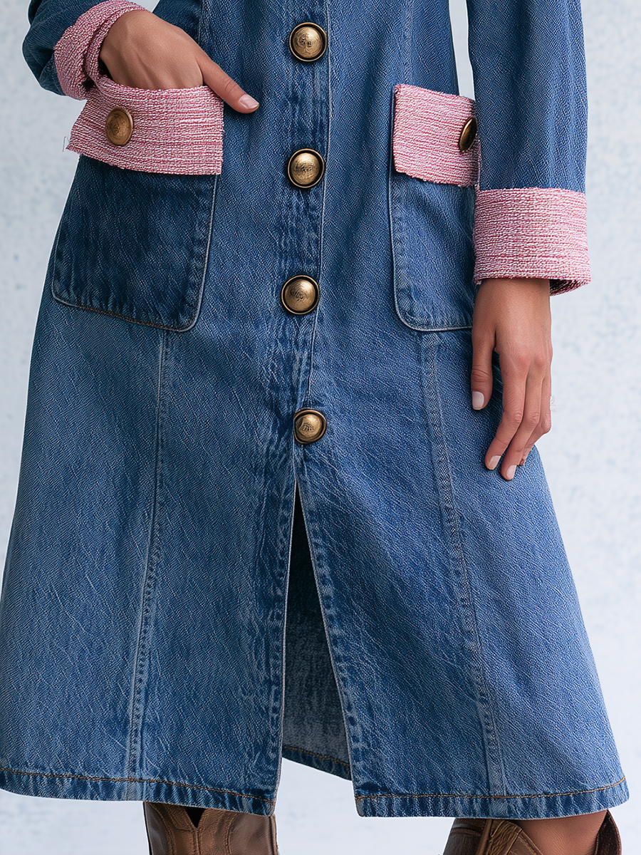 Elegant Vintage Tweed Trim Gold Button Front Denim Midi Dress