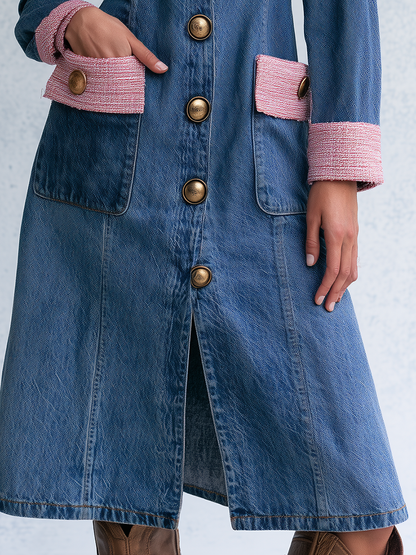 Elegant Vintage Tweed Trim Gold Button Front Denim Midi Dress