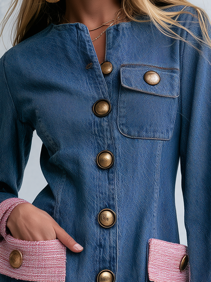 Elegant Vintage Tweed Trim Gold Button Front Denim Midi Dress