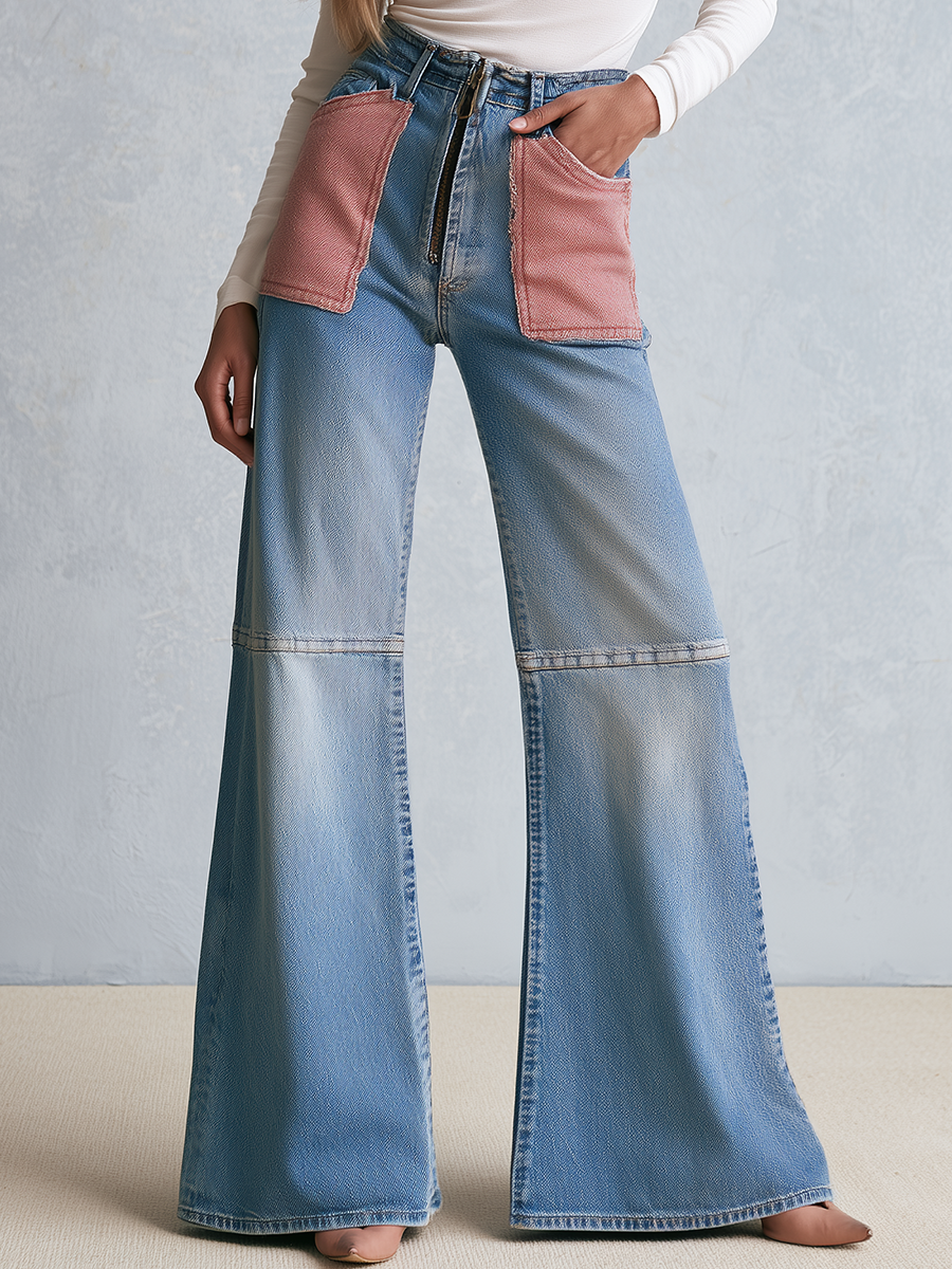 Retro Patchwork Pink Pocket High Waist Zip Fly Flare Jeans