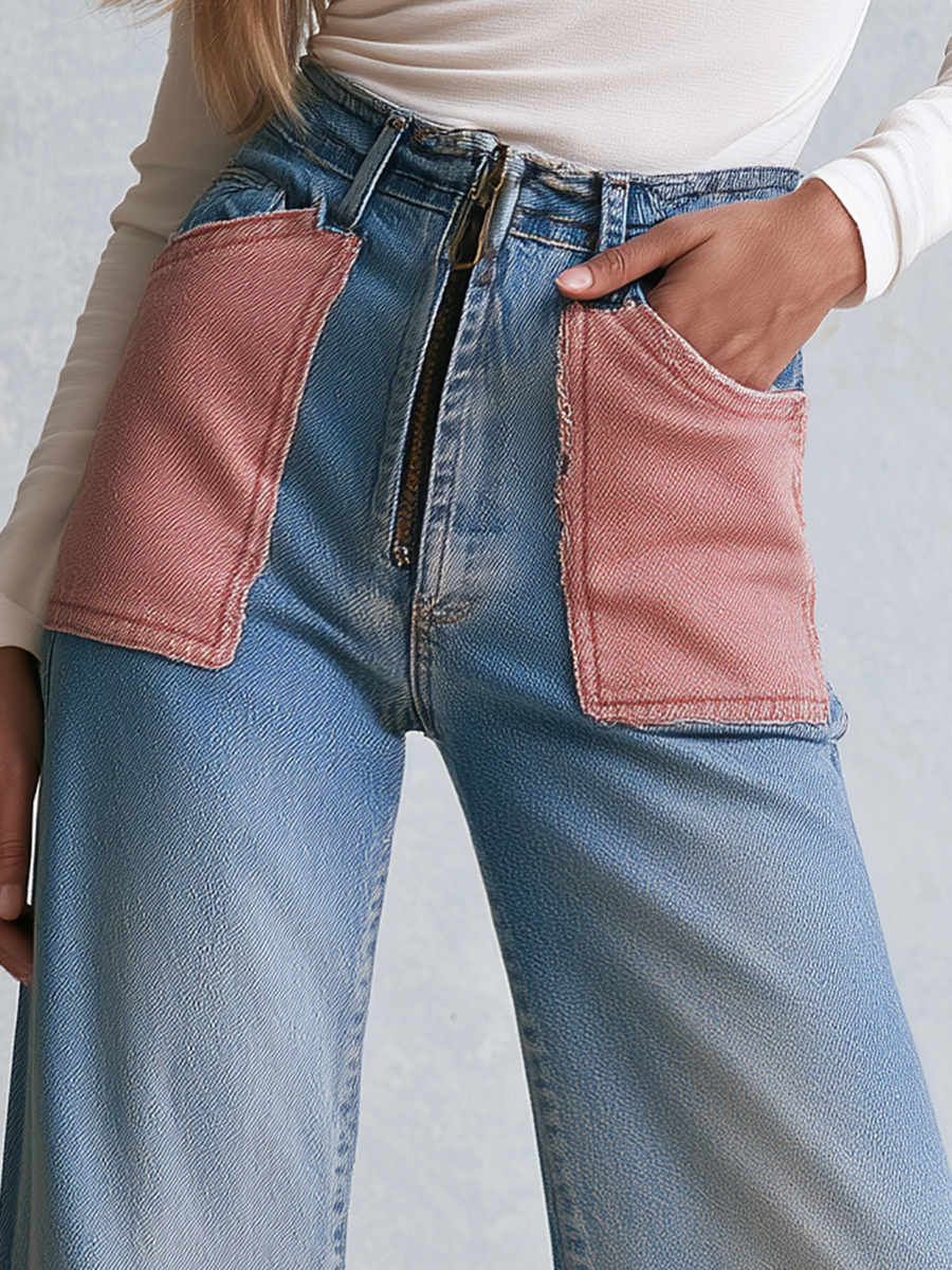 Retro Patchwork Pink Pocket High Waist Zip Fly Flare Jeans