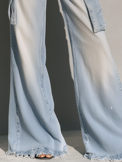 Relaxed Vintage Light Wash Frayed Waist Cargo Wide Leg Jeans