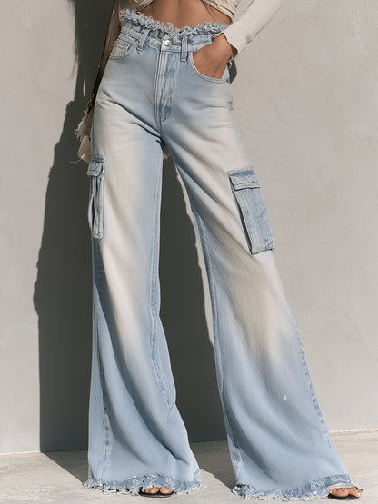 Relaxed Vintage Light Wash Frayed Waist Cargo Wide Leg Jeans