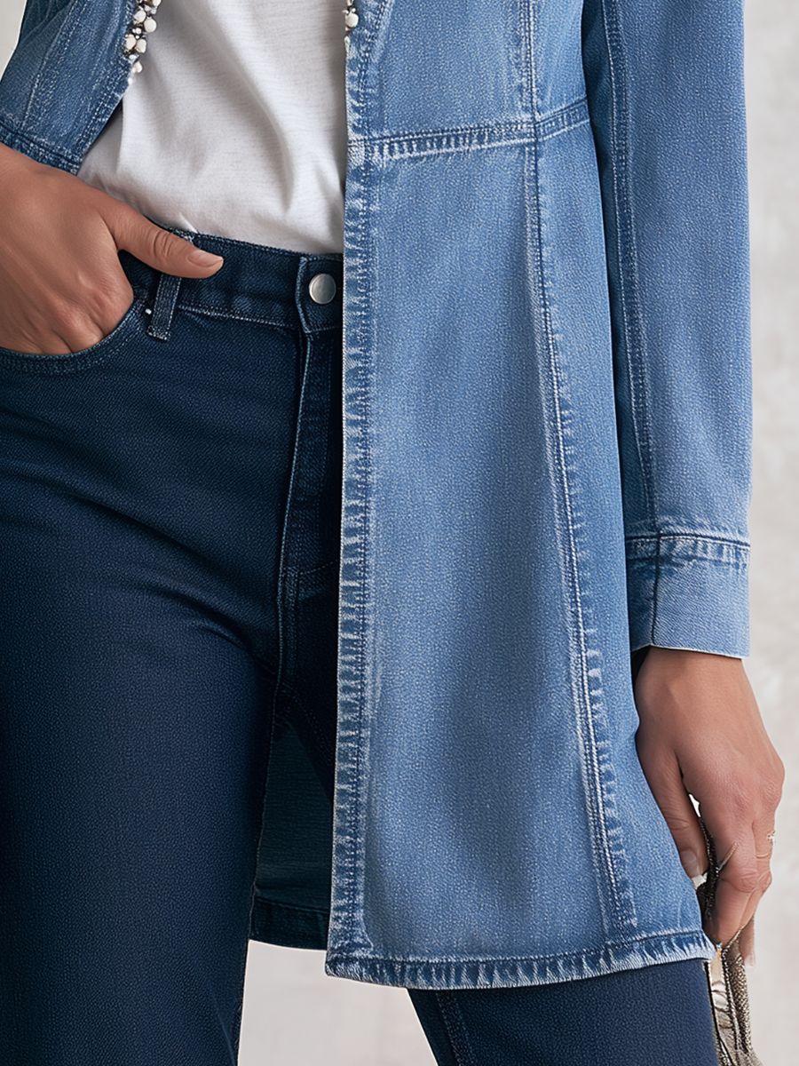 Elegant Chic Pearl Trim Open Front Longline Denim Duster Jacket