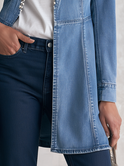 Elegant Chic Pearl Trim Open Front Longline Denim Duster Jacket