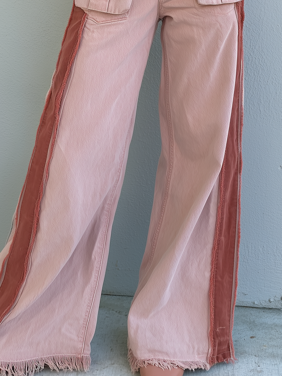 Vintage Military Pink High Waist Button Fly Fringe Hem Wide Leg Jeans