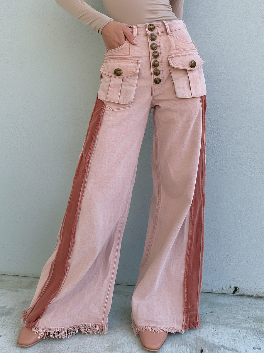 Vintage Military Pink High Waist Button Fly Fringe Hem Wide Leg Jeans