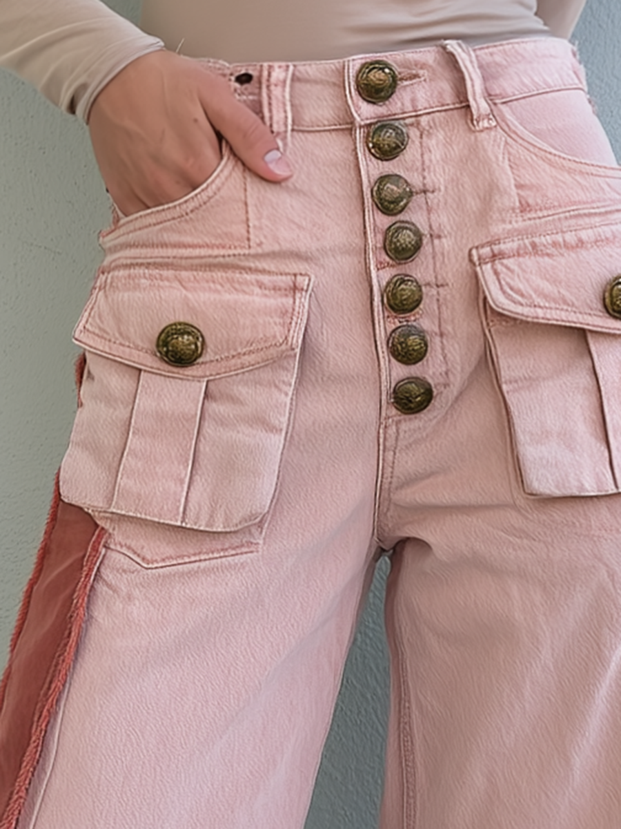 Vintage Military Pink High Waist Button Fly Fringe Hem Wide Leg Jeans
