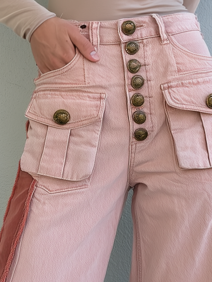 Vintage Military Pink High Waist Button Fly Fringe Hem Wide Leg Jeans