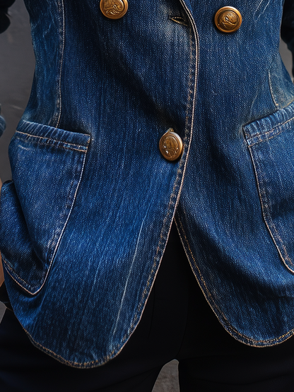 Vintage Chic Dark Wash Gold Button Tailored Denim Blazer