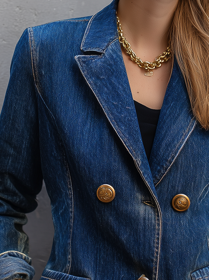 Vintage Chic Dark Wash Gold Button Tailored Denim Blazer