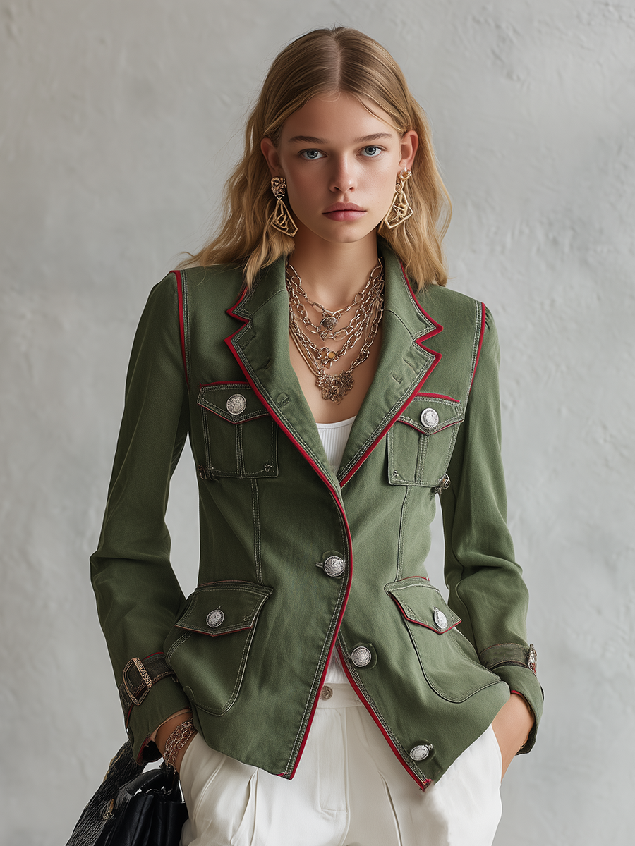 Olive Military Utility Blazer With Red Piping