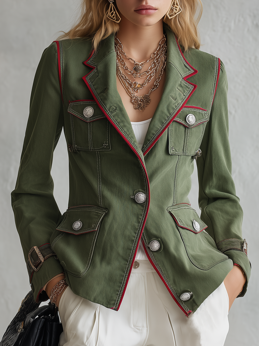 Olive Military Utility Blazer With Red Piping