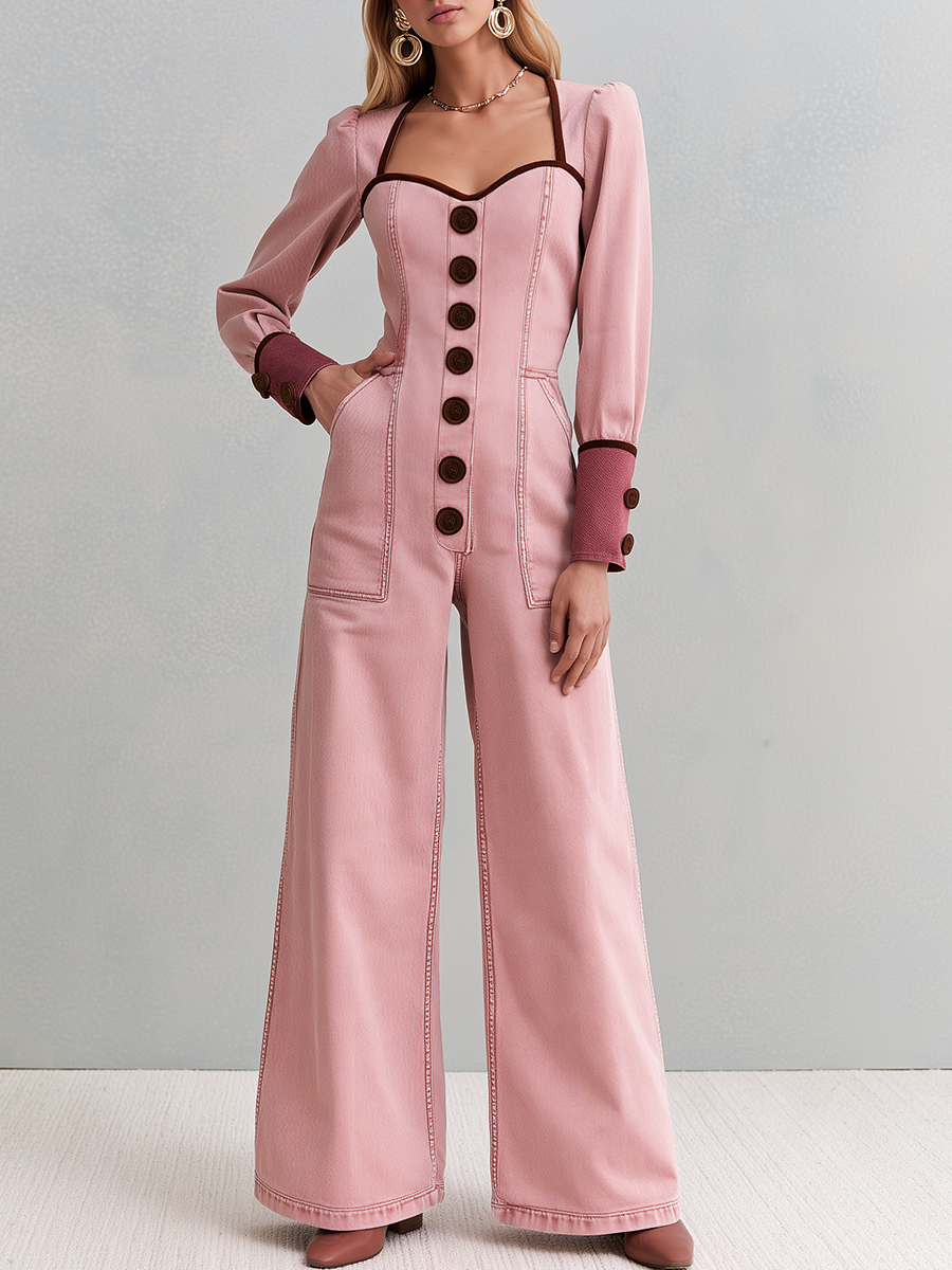Retro Romantic Pink Sweetheart Neck Button Front Wide Leg Denim Jumpsuit