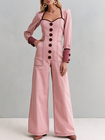 Retro Romantic Pink Sweetheart Neck Button Front Wide Leg Denim Jumpsuit