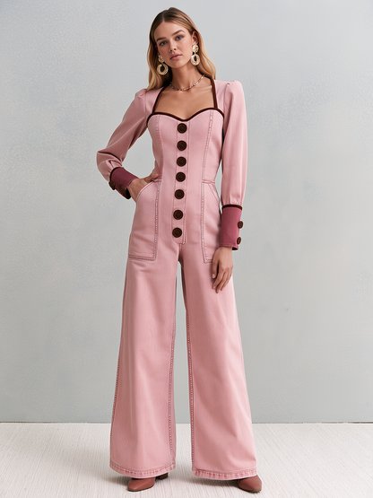 Retro Romantic Pink Sweetheart Neck Button Front Wide Leg Denim Jumpsuit