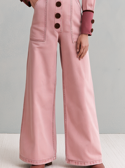 Retro Romantic Pink Sweetheart Neck Button Front Wide Leg Denim Jumpsuit