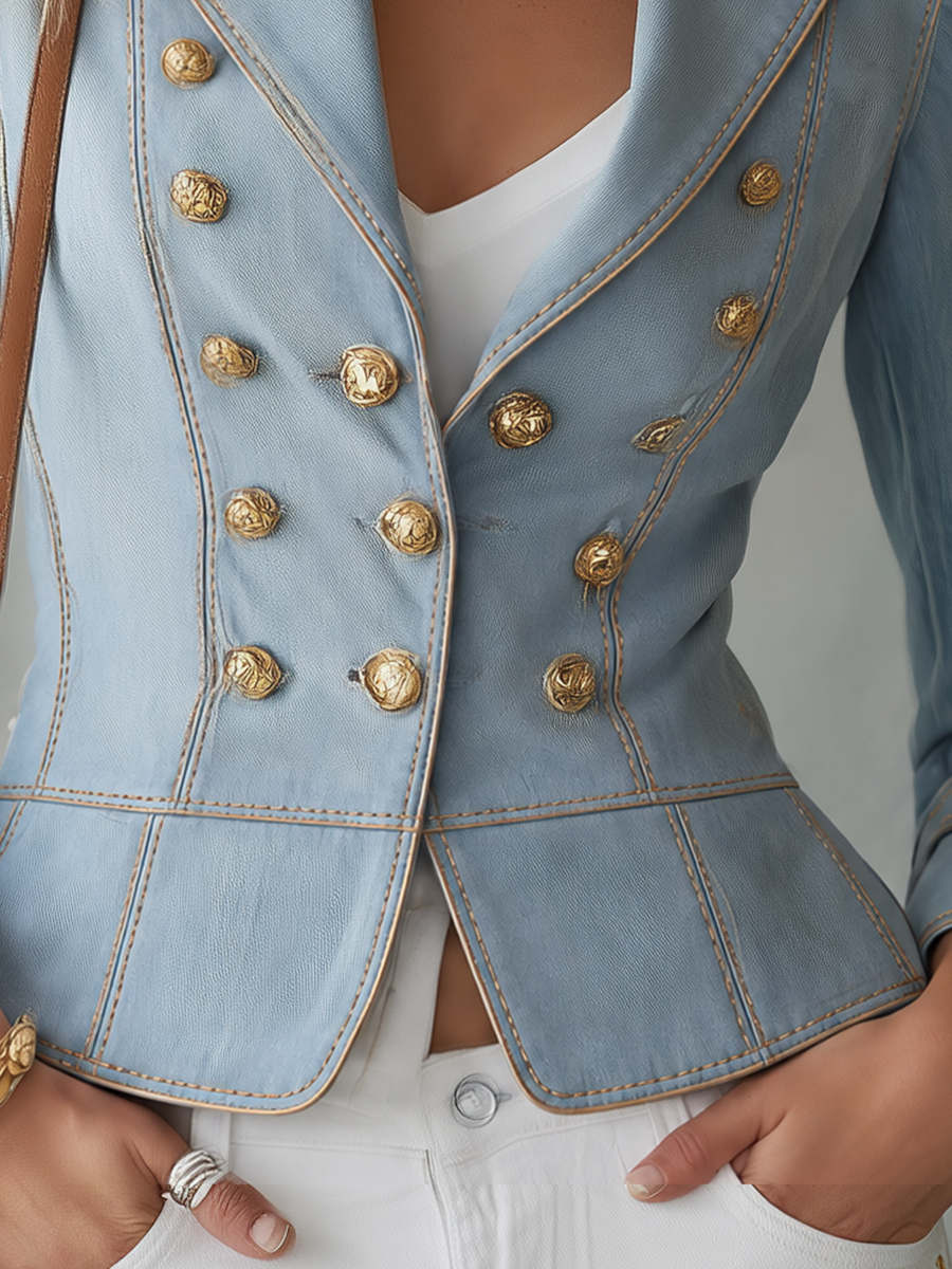 Vintage Military Light Wash Double Breasted Gold Button Peplum Denim Jacket