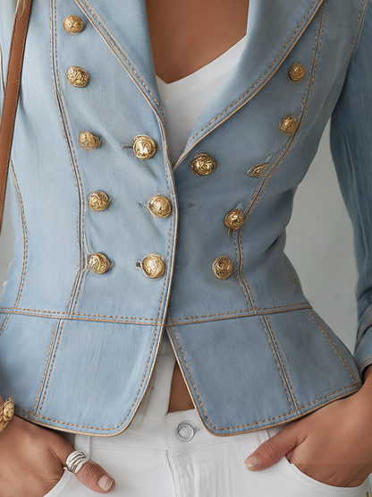 Vintage Military Light Wash Double Breasted Gold Button Peplum Denim Jacket
