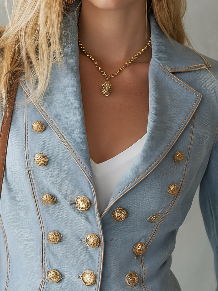 Vintage Military Light Wash Double Breasted Gold Button Peplum Denim Jacket