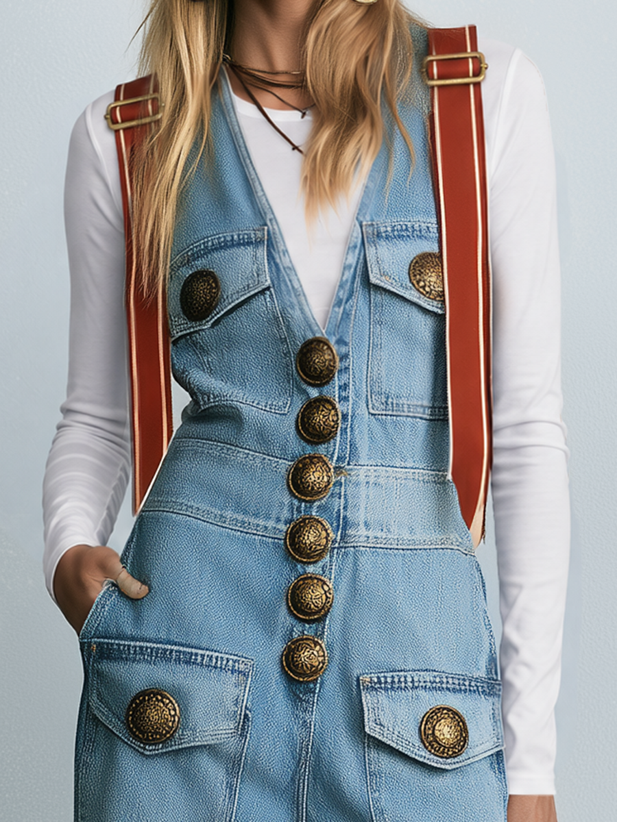 Retro Western Light Wash Button Front Fringe Hem Wide Leg Denim Overalls