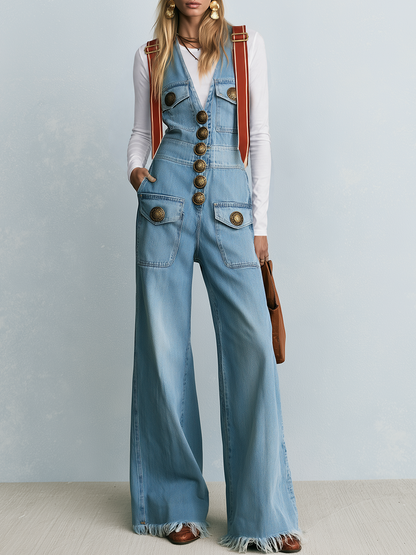 Retro Western Light Wash Button Front Fringe Hem Wide Leg Denim Overalls