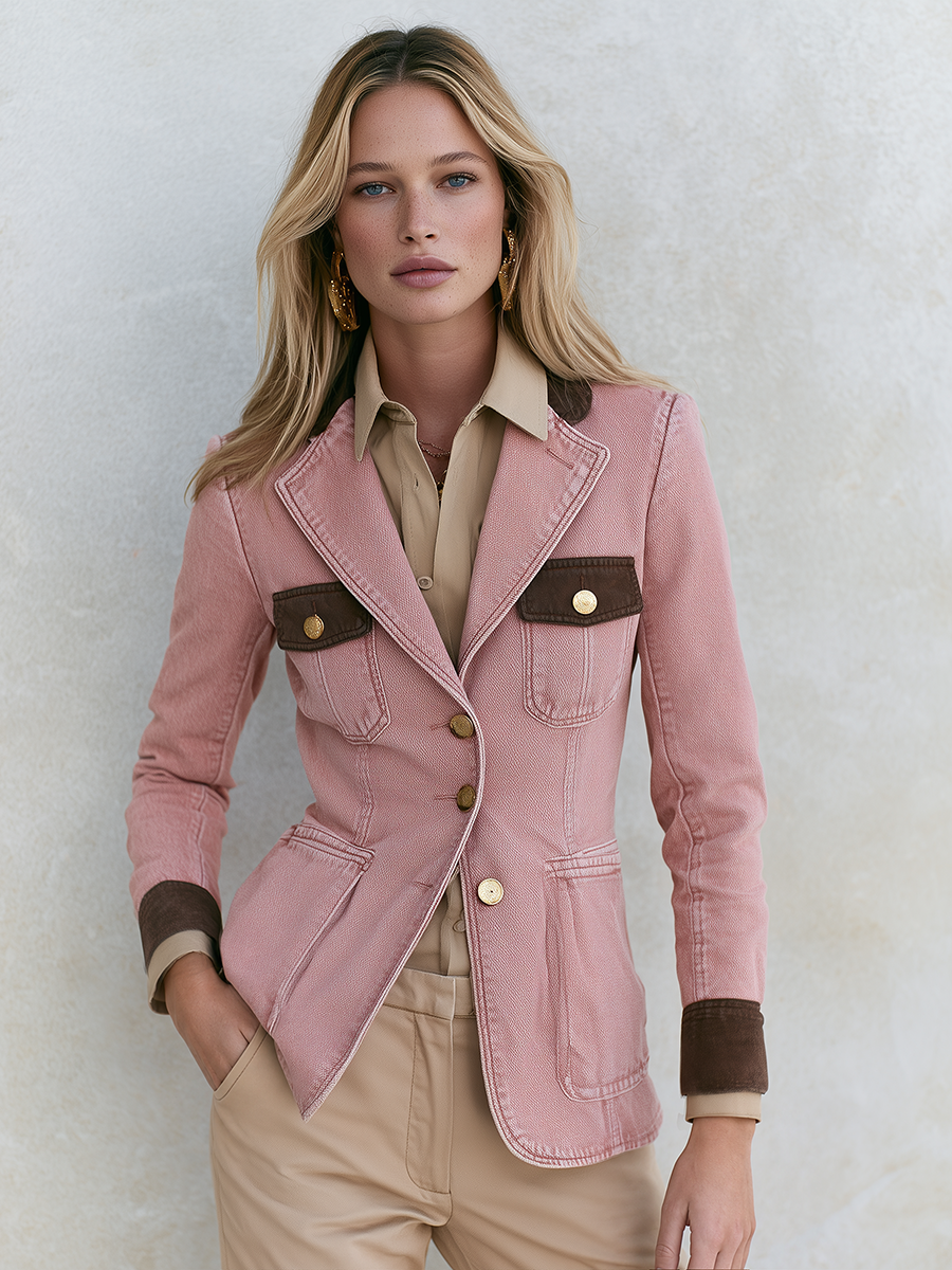 Vintage Safari Pink Contrast Trim Gold Button Tailored Denim Blazer