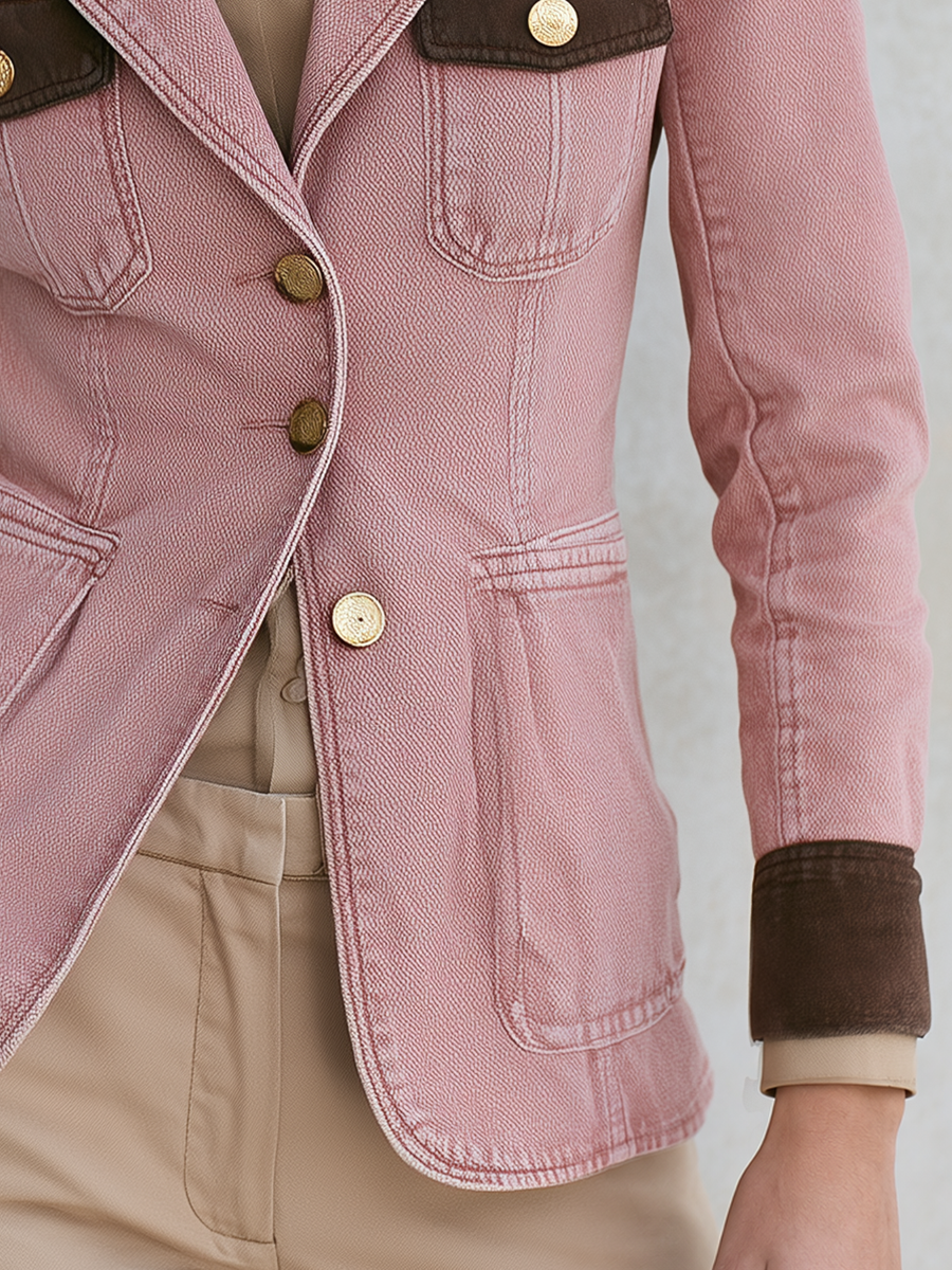 Vintage Safari Pink Contrast Trim Gold Button Tailored Denim Blazer