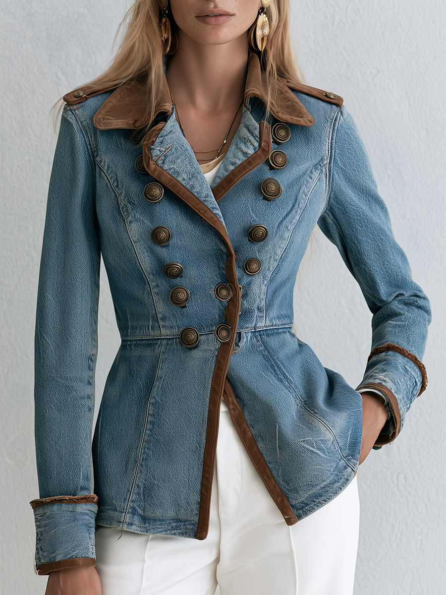 Military Denim Peplum Jacket With Faux Suede Jacket