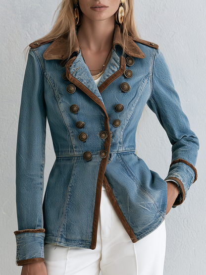 Military Denim Peplum Jacket With Faux Suede Jacket