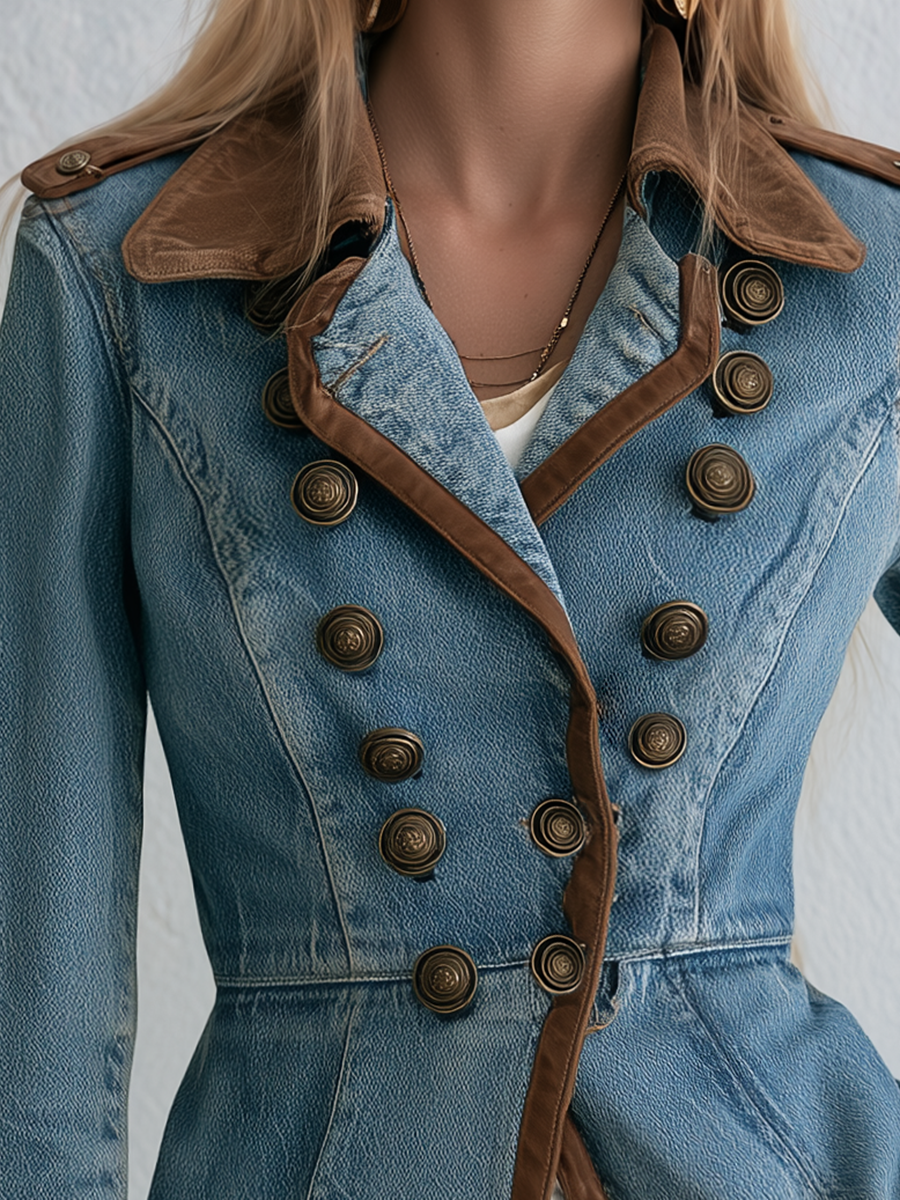 Military Denim Peplum Jacket With Faux Suede Jacket