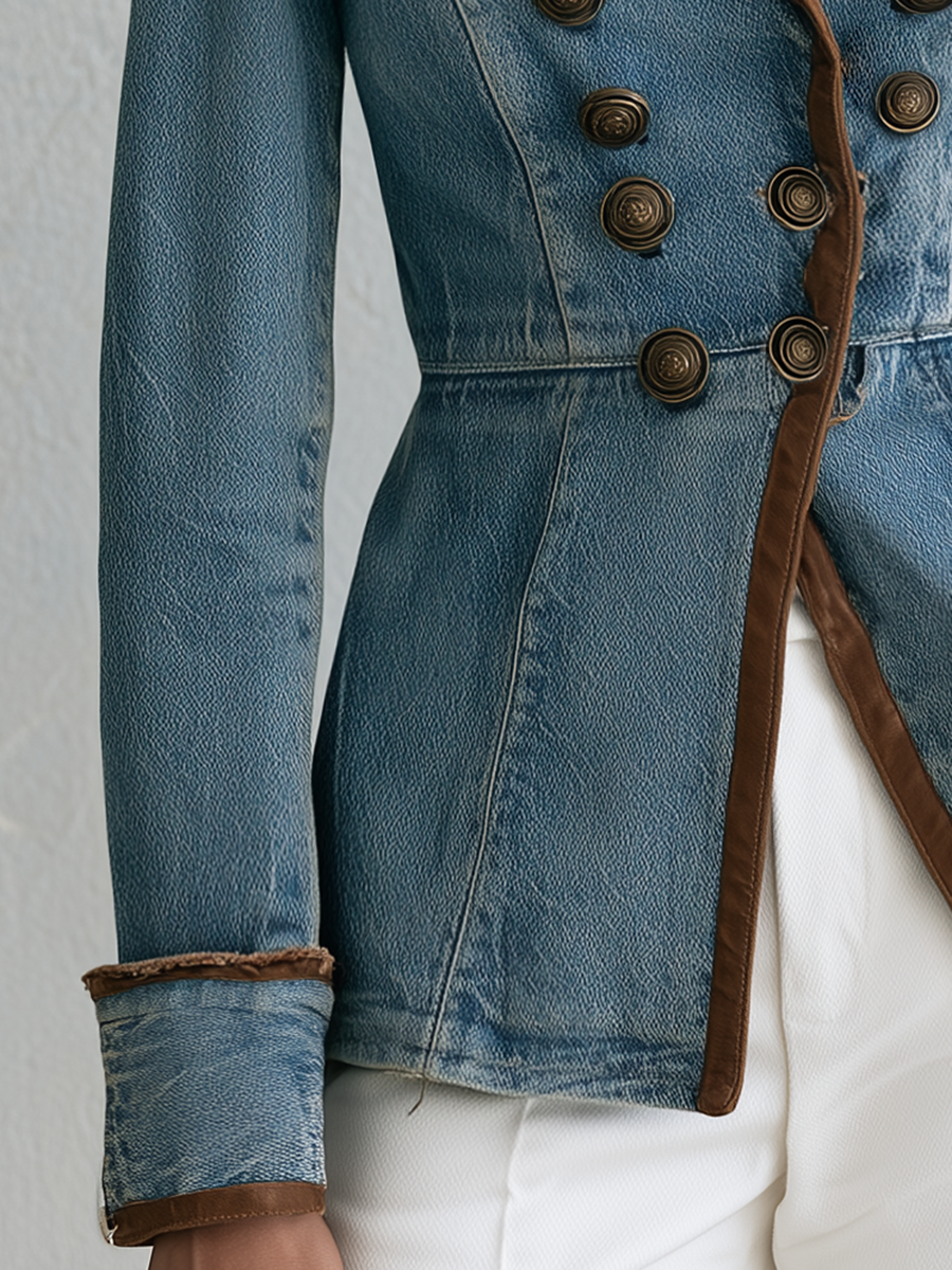 Military Denim Peplum Jacket With Faux Suede Jacket