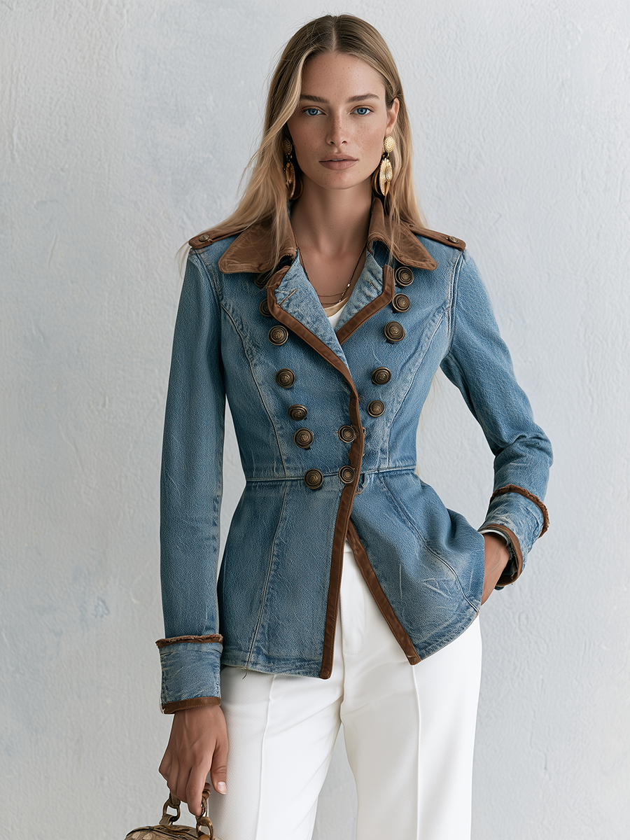 Military Denim Peplum Jacket With Faux Suede Jacket