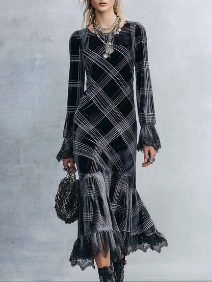 Elegant Lace-Trimmed Black Plaid Lace-Trimmed Velvet Midi Dress