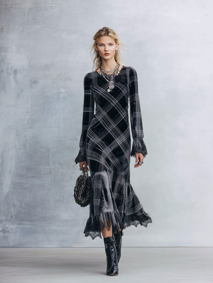 Elegant Lace-Trimmed Black Plaid Lace-Trimmed Velvet Midi Dress