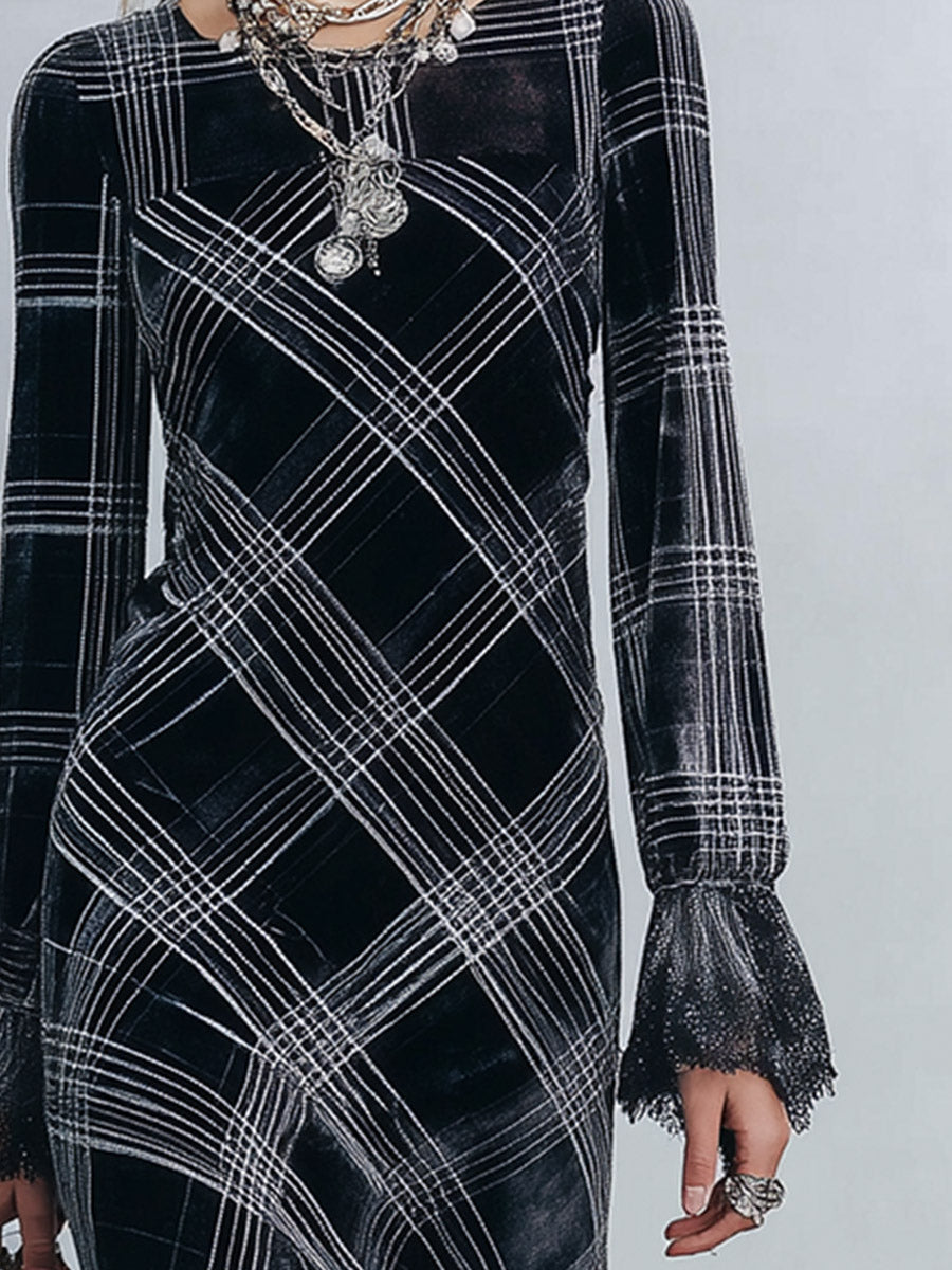Elegant Lace-Trimmed Black Plaid Lace-Trimmed Velvet Midi Dress