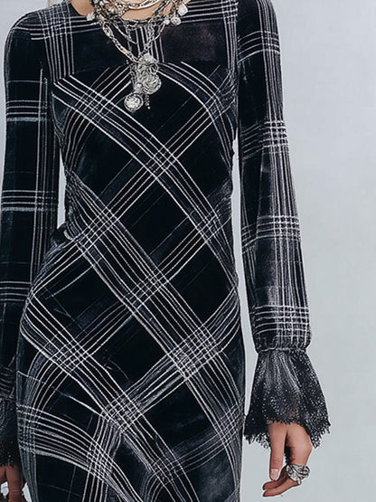 Elegant Lace-Trimmed Black Plaid Lace-Trimmed Velvet Midi Dress
